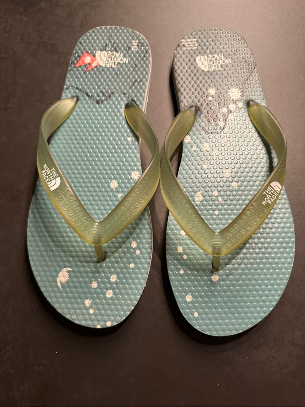 The North Face Teal Flip Flops with Olive Green Straps